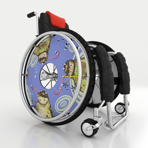Wheelchair spoke covers with cheerful frogs