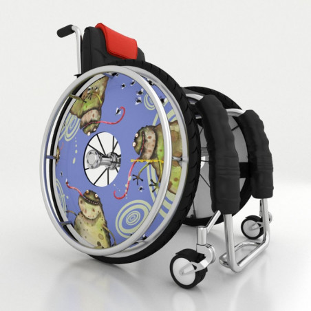 Wheelchair spoke covers with cheerful frogs