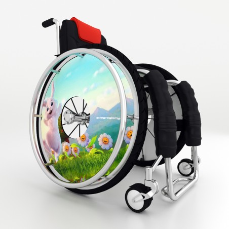 Wheelchair spoke cover with a cheerful bunny and flowers