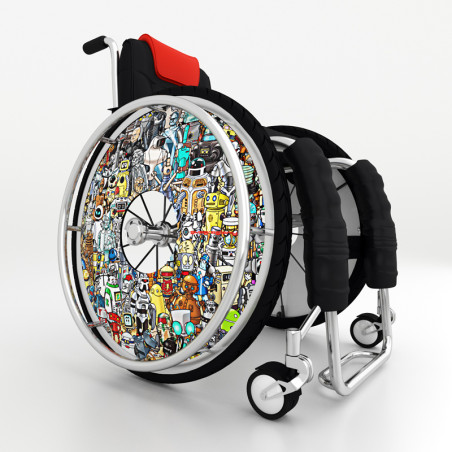 Wheelchair wheel spoke covers comic book and movie heroes